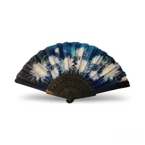 Elegant Blue Folding Hand Fan with White Flowers